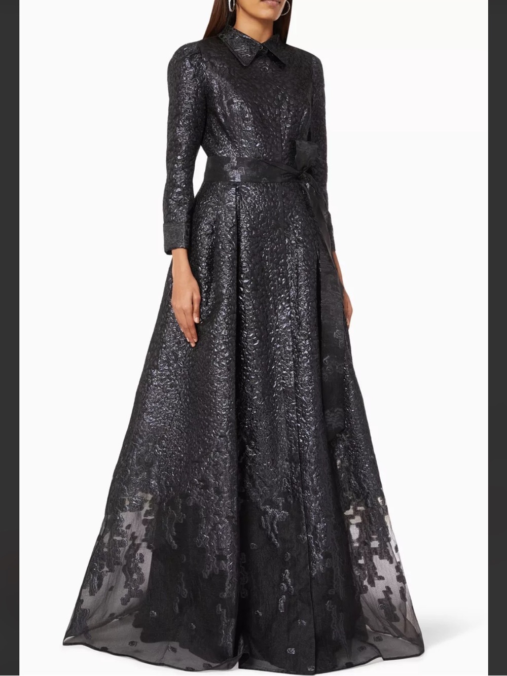 Teri Jon Metallic Organza Jacquard Shirt Gown